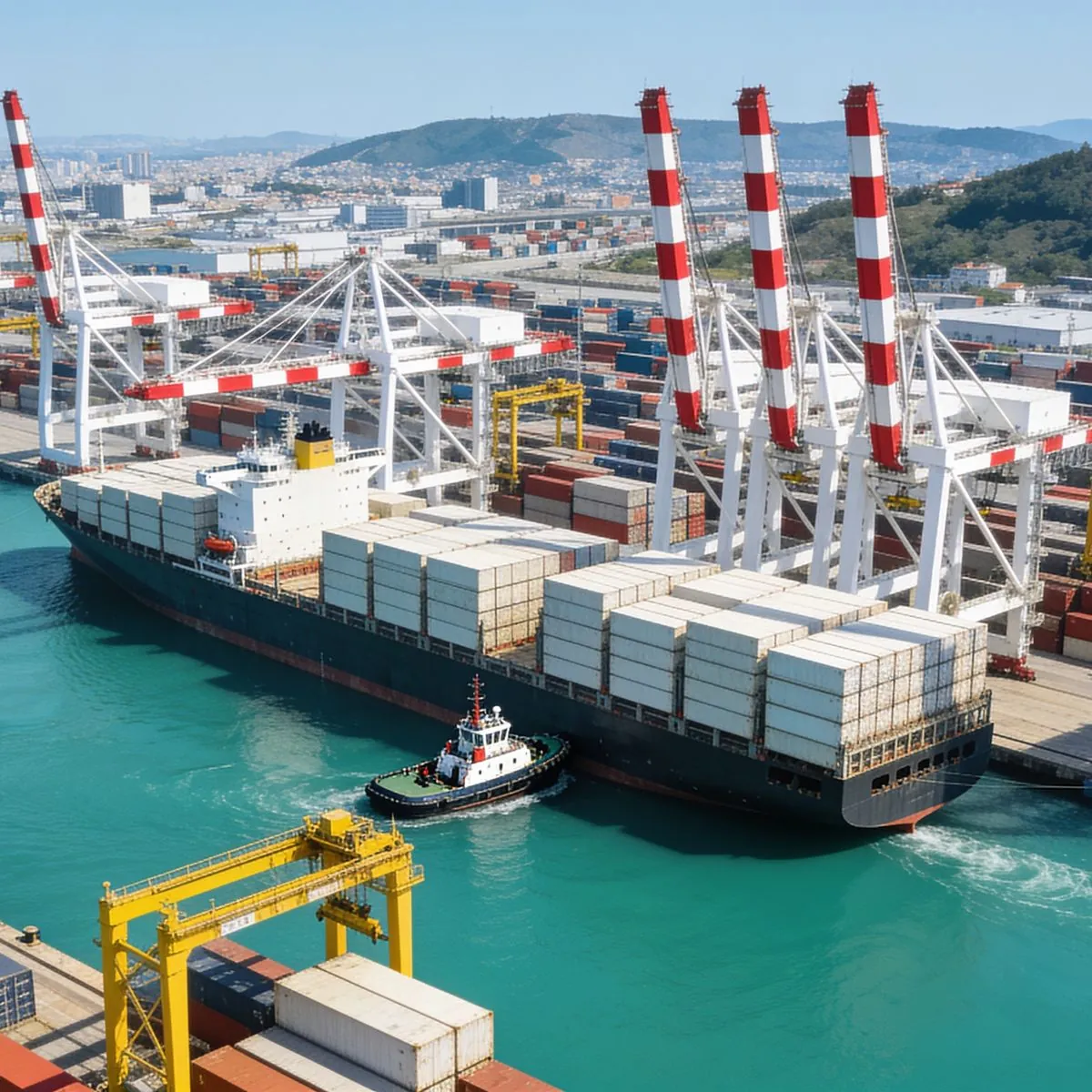 A superintendent's view across a working port at first light.