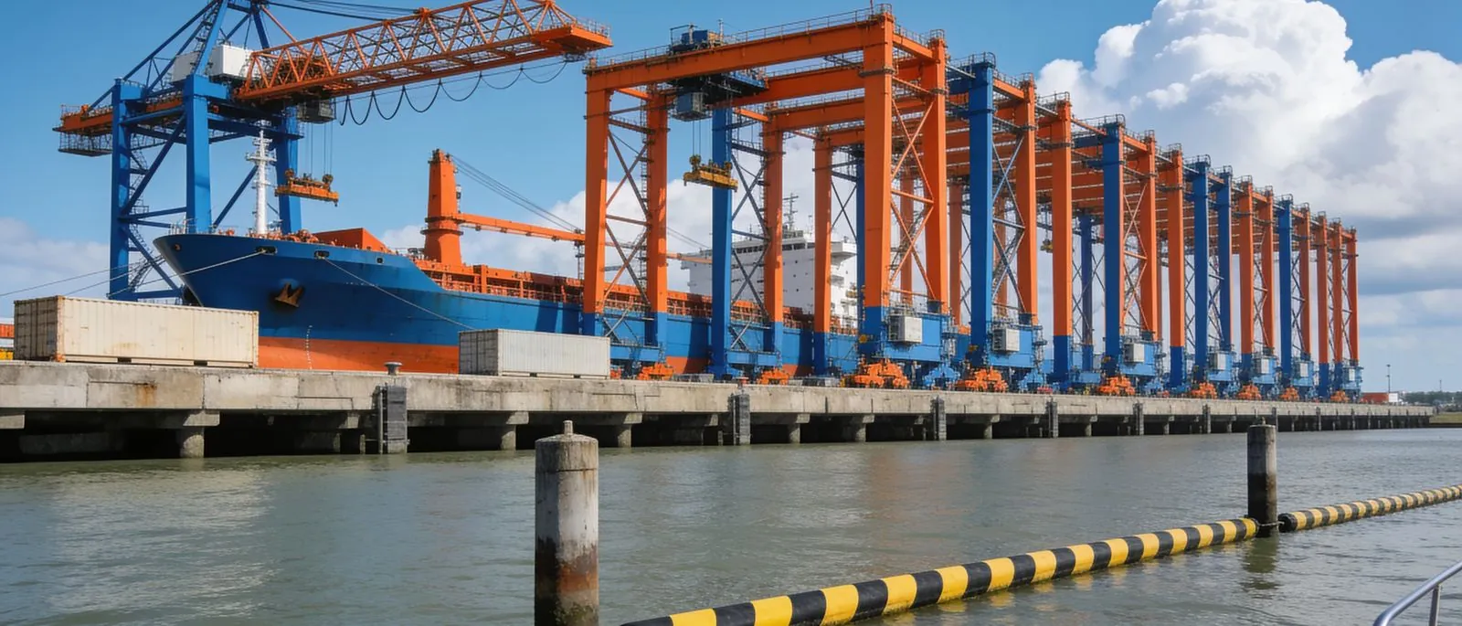 A geared general cargo vessel working alongside a quay.