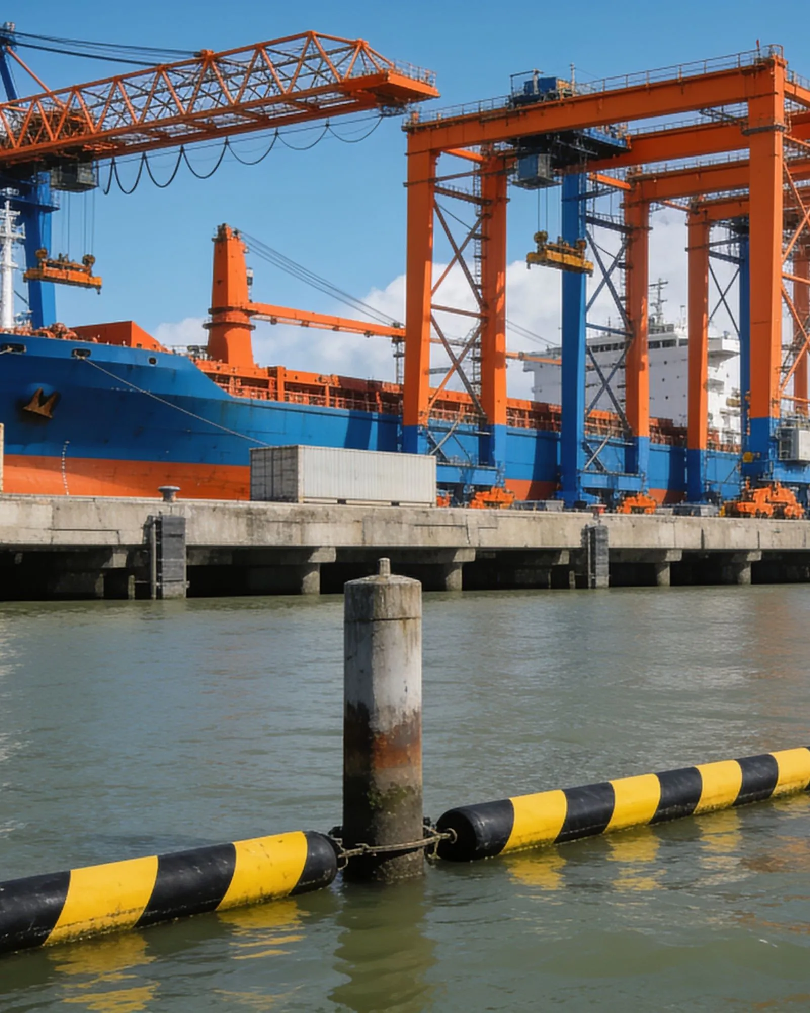 A geared general cargo vessel working alongside a quay.