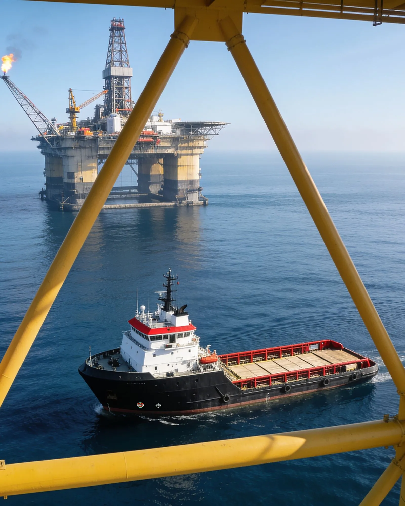 An offshore supply vessel working alongside a platform.