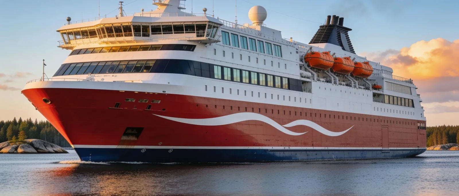 A passenger ferry under way in coastal water.