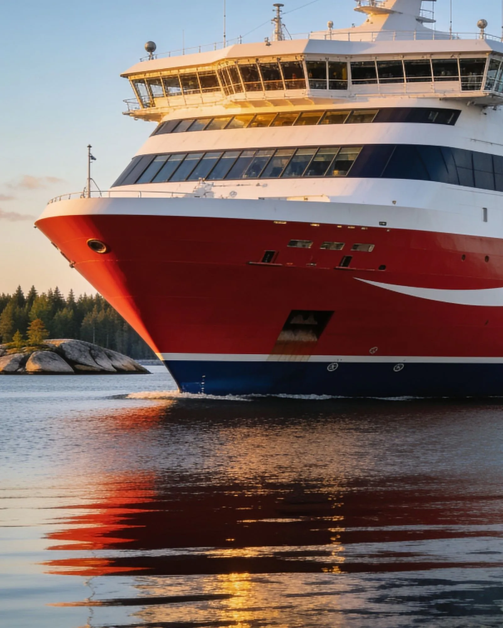 A passenger ferry under way in coastal water.