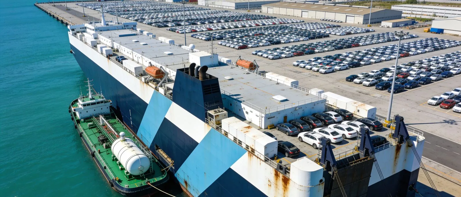A ro-ro vessel with her stern ramp down at a freight terminal.