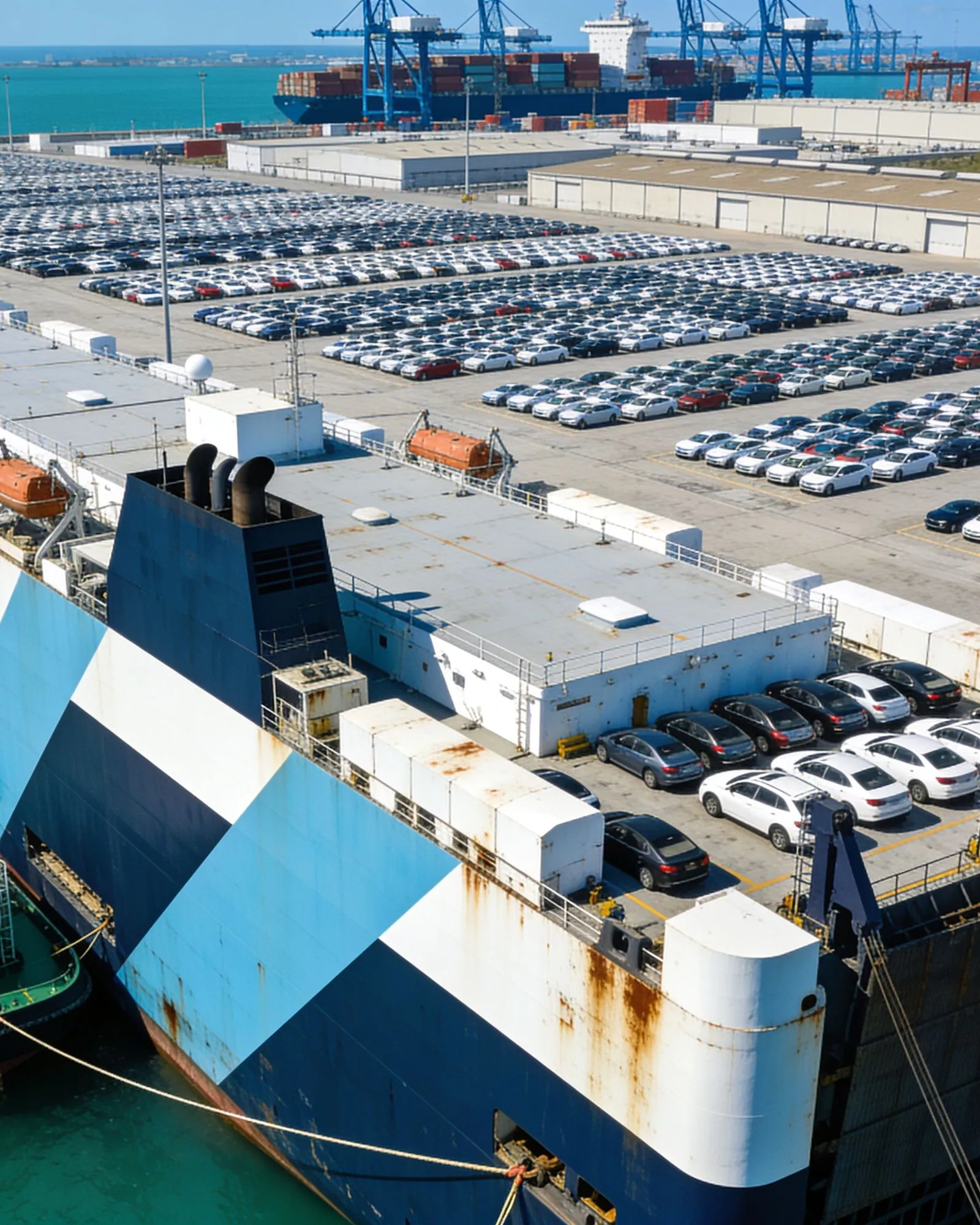 A ro-ro vessel with her stern ramp down at a freight terminal.