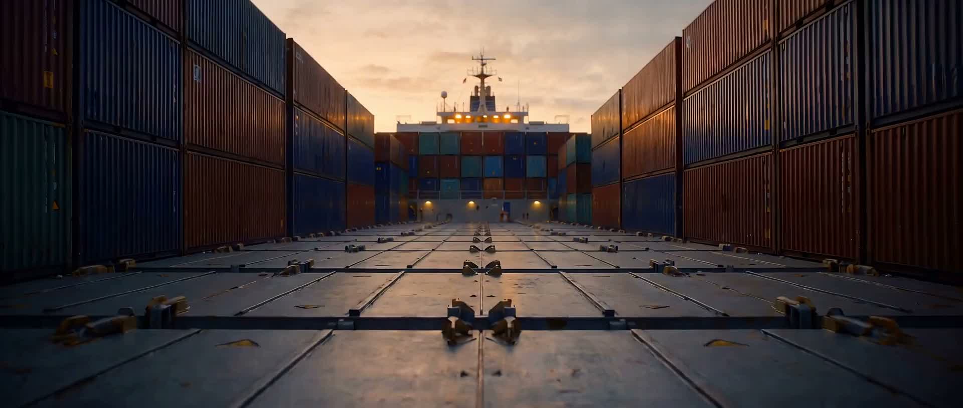 Looking aft along a container ship's deck between the stacks, toward the bridge at dusk.