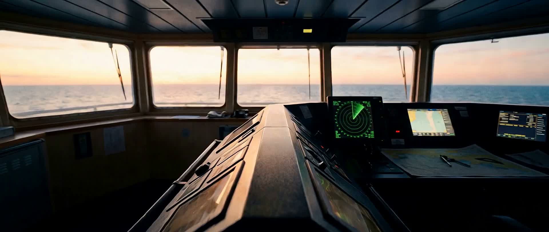 A ship's bridge at dawn: radar and chart displays, with a calm sea ahead.